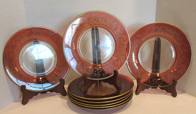 Pier 1 Imports 8 Pcs Pink Gold Etched Design Rim Glass Dessert Plate Vintage 80s-image