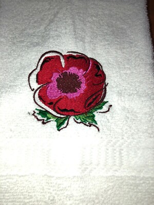 Embroidered White Bathroom Hand Towel  Red Poppy Flower  Memorial Day HS1908-image
