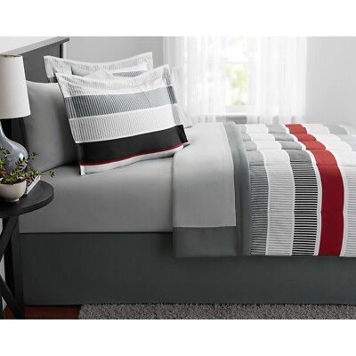 Mainstays Red and Gray Stripe 4-Piece (Twin) Comforter Set with Sheets. Twin.-image
