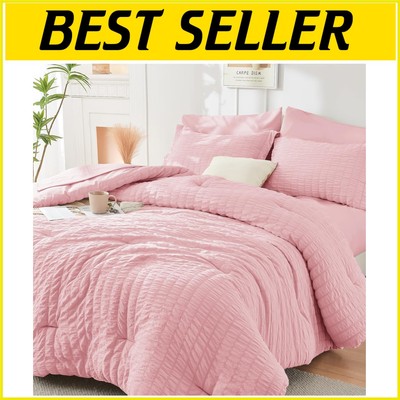 Seersucker Pink Comforter Bed in a Bag - All Season Design for Cozy Rooms-image