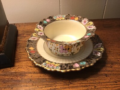 Imports Vienna Austria Floral Designs Gold Outlines Ramekin Dish & Under-plate-image