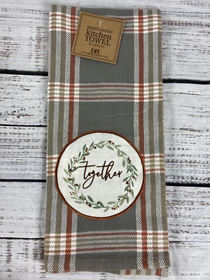 Fall Gray Plaid Cotton Embroidered Tea Towel With Together Wreath Design 18 X 28-image