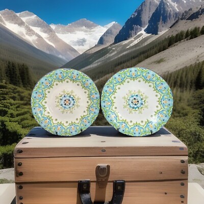 Pier 1 Import Celeste Dinner Plate 10 3/4” Blue Green Yellow Floral; Set of 2-image
