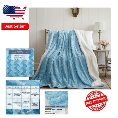 Bright Sky Blue Faux Fur Chevron Throw Blanket - Cozy Reversible Design 50x60-image