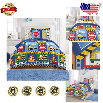 5-Piece Kids Microfiber Bedding - Casual Twin Comforter with Construction Design-image