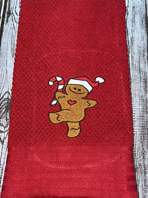 Embroidered Red  Kitchen Mainstays Hand Towel   Gingerbread Man Christmas BS2918-image