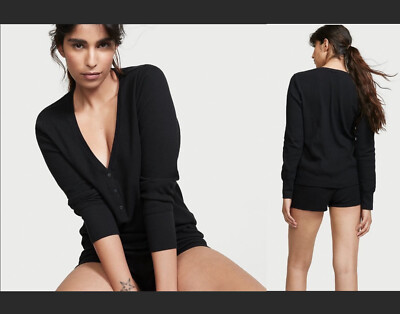 Victoria's Secret PJ Top Women’s Black Thermal Long Sleeve Pajama Shirt Sz Small-image
