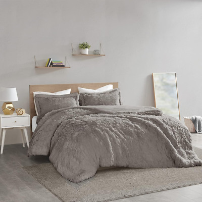 Malea Shaggy Duvet with Quilted Box Design, Long Faux Fur Comforter Cover Cozy B-image