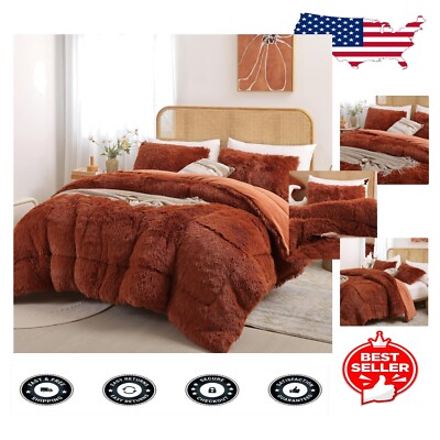 Luxury Plush Twin Faux Fur Comforter Set – Cozy All-Season Bedding in Terracotta-image