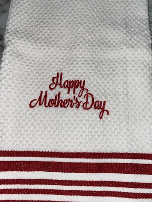 Embroidered  Striped Cotton Kitchen Hand Towel Happy Mother's Day in Red BS3043-image