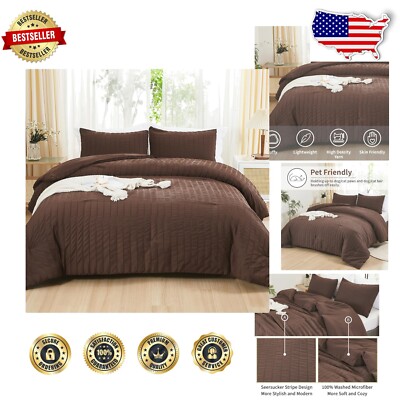 Lightweight 3-Piece California King Brown Seersucker Comforter Set – Cozy & Soft-image