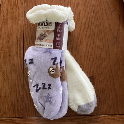 NEW 2 PAIR MUK LUKS CABIN SOCKS (L/XL 8-10) Lavender& White Sloth Print & Solid-image