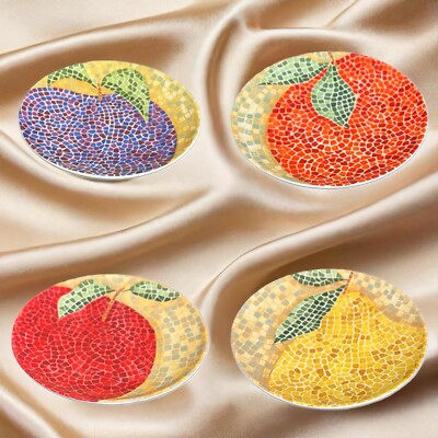 Pier 1 Imports 4-Salad Plates MOSAIC FRUITS Apple Orange Plum Pear Ceramic Dish-image