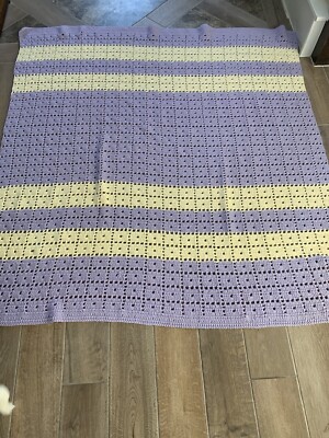 Artisan Handmade Crocheted Pastel Lavender & Yellow Blanket 60”x60” Beautiful-image