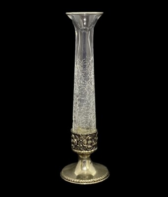 VTG Holiday Imports Bud Vase 9” Clear Crackle Glass Silver Tone Footed Flower-image