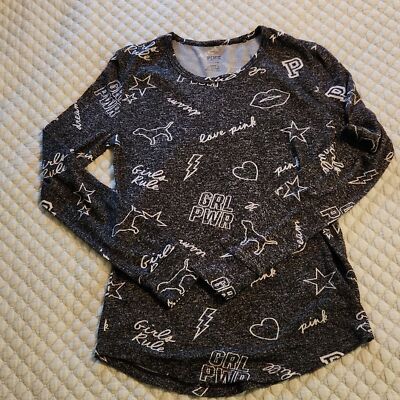 Victorias Secret Pink Womens Sleep Shirt GRL PWR Long Sleeve Cozy Black Sz Small-image