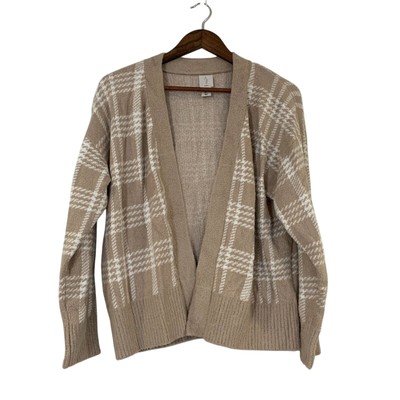 JOIE Cardigan Womens sz Large Beige Plaid Soft Cozy Chic Minimalist Loungewear-image