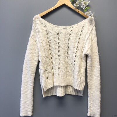 Aeropostale White Cable Knit Sweater Boat Neck Wool Blend Cozy Size Large [aa]-image