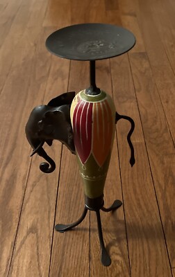 Vintage Pier 1 Imports African Elephant Wood & Metal Candle Holder.-image