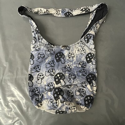 Kathmandu Imports Bag Purse Crossbody Handmade Black Grey Mushroom Print-image
