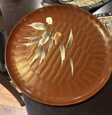 Vtg 13” Japan Nikoniko Imports Lacquerware Tray Reed With Bird Design Handpaintd-image
