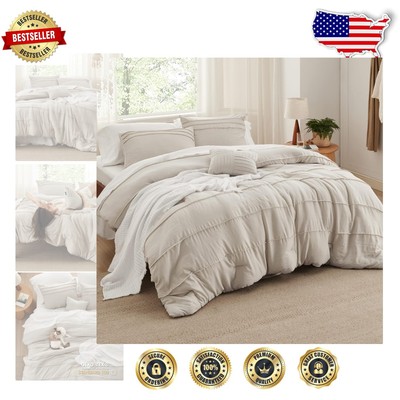 Soft Beige Boho 4-Piece Comforter Set - Pinch Pleat Full Bed Set for Cozy Style-image