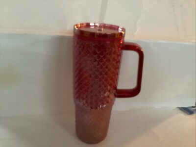 Mainstays 30oz Textured Tumbler with Straw and Handle, Diamond Iridescent Red-image