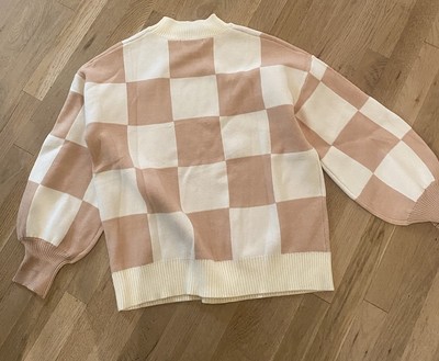 Zesica Mock Turtleneck Brown & Cream Sweater Checkered Size Large Cozy Winter-image