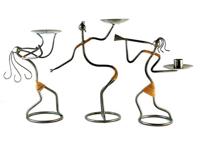 Set of 3 - Pier 1 MCM Metal Rattan Tribal African Figure - Candle Holders-image