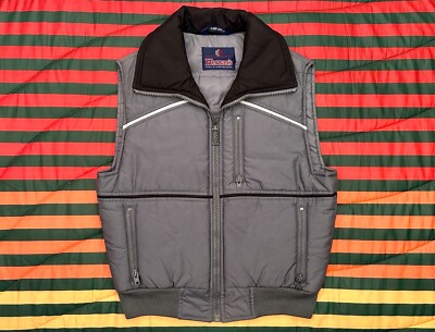 VINTAGE 70s 80s Herman's Sporting Goods Vest Mens S Gray Puffer Warm Comfy-image