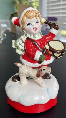 Vintage B&A Christmas Wind Up Music Figure Drummer Boy with Dog Ceramic-image