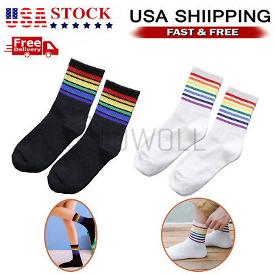 Women Girl Cotton Athletic Sports Crew Socks Striped Over Ankle Casual Classic-image