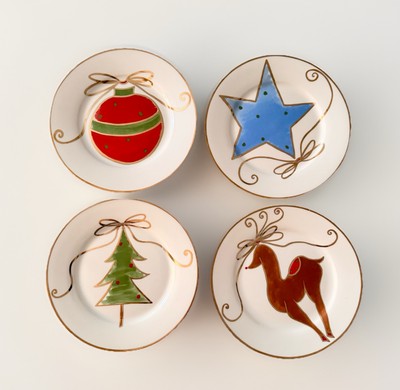 Pier 1 Christmas Holiday Dessert Appetizer Plates 7.5” Porcelain Gold Accents-image