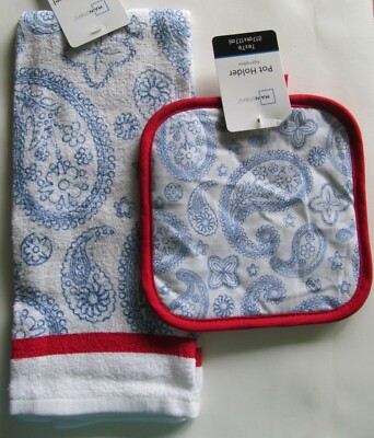 Paisley Blue & Red Motif Pot Holder & Kitchen Towel Set-image
