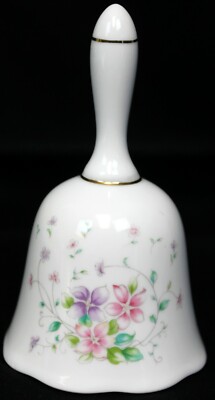 A World of Imports White Porcelain Bell Pink Purple Floral Design Scalloped Edge-image