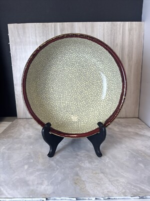 Pier 1 Crackle Collection 10.5” Burgundy Red Bowl Stoneware Ceramic Vintage-image