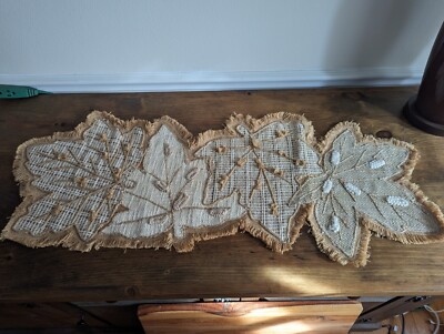 Pier 1 Imports Fall Autumn Embroidered Leaves Brown Burlap Table Runner 37 x 15-image