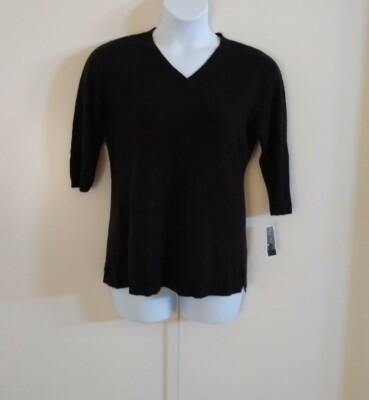 Karen Scott Women's 3/4 Sleeve V-neck Lux Cozy Soft Black Sweater Top Size PP-image