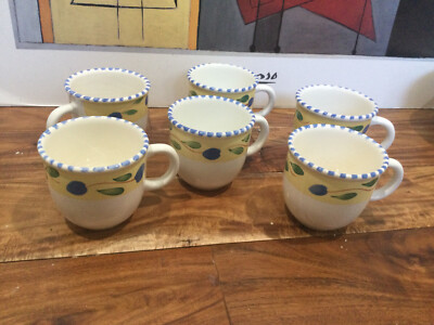 set 6 Pier 1 Imports Palermo  Italy Yellow Blue Green mugs  3.5'' 4 have crazing-image