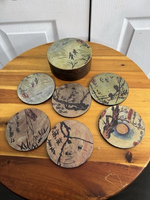 Pier 1 Traditional Chinese Design Set Of 6 Lacquered Plywood Coasters-image