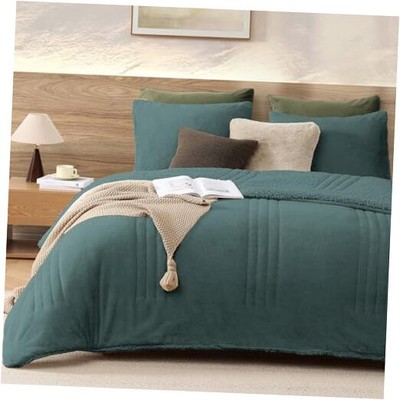  Fluffy Full Comforter Set – 3 Piece Cozy Sherpa Comforter Full Size Teal, -image