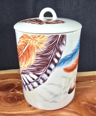 Pier 1 Imports Feather Multicolor Ironstone Canister with Lid 8 1/2