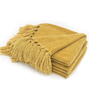 RECYCO Throw Blanket Soft Cozy Chenille Mustard Yellow 50”x 60” -image