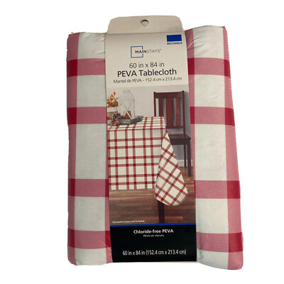 Mainstays PEVA Vinyl Rectangle Tablecloth 60in x 84in  Red White Checkered NEW-image
