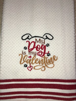 Embroidered Striped Kitchen Hand Towel  My DOG Is My Valentine BS2367-image