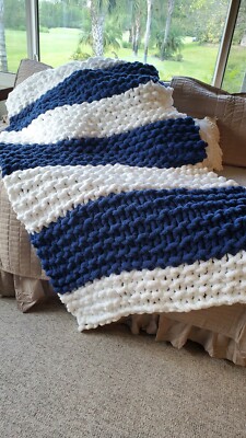 Luxury Handmade Chunky Knit Chenille Blanket Warm Soft Cozy Nautical Blue White-image