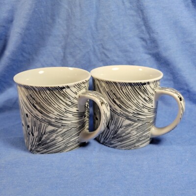 2 Pier 1 Imports Coffee Mugs White Black Lines Feather Abstract Design Cup Set-image