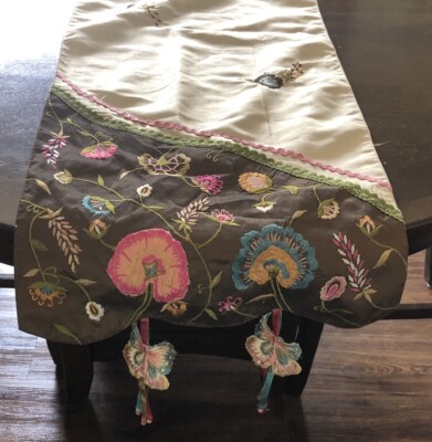 PIER 1 Multi-Color Cream Brown Embroidered Floral Butterfly TABLE  RUNNER 72x14”-image