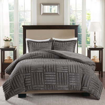 ULTRA PLUSH SUPER SOFT WARM COZY MODERN FUR STRIPE CHARCOAL GREY COMFORTER SET-image