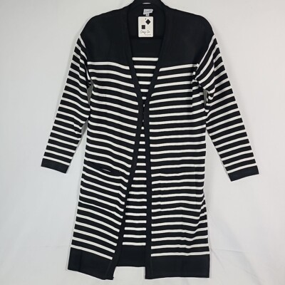 Cozy Co. by Cozy Casual Open Front Swift Stripe Pocket Cardigan Black White Sz S-image